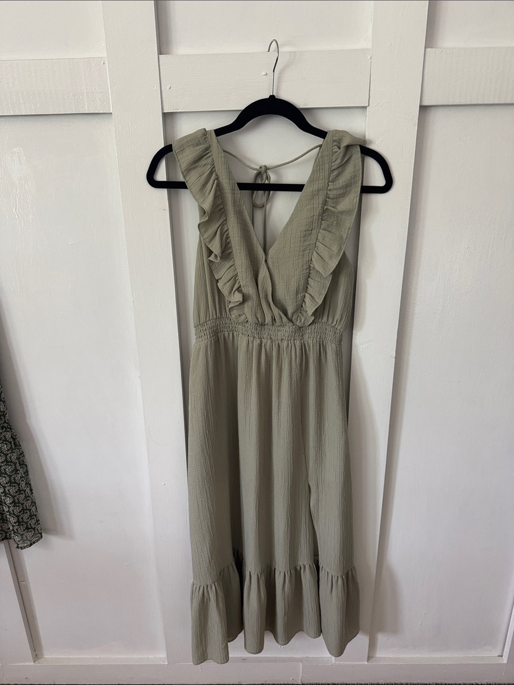 Sage Midi Dress in Light Olive Green with Ruffle V-Neck